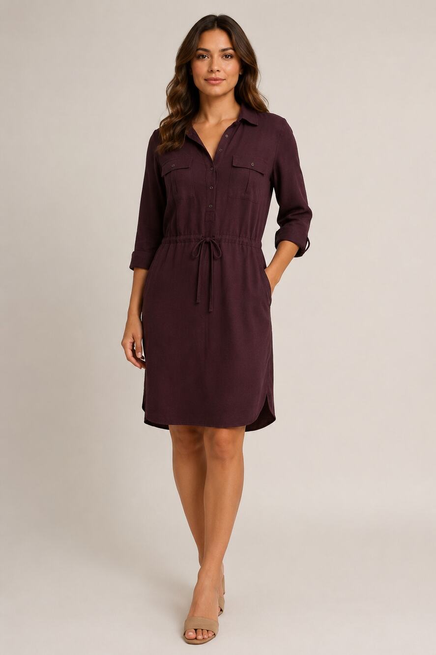 Loft burgundy cinched waist shirt dress Medium button front classic travel